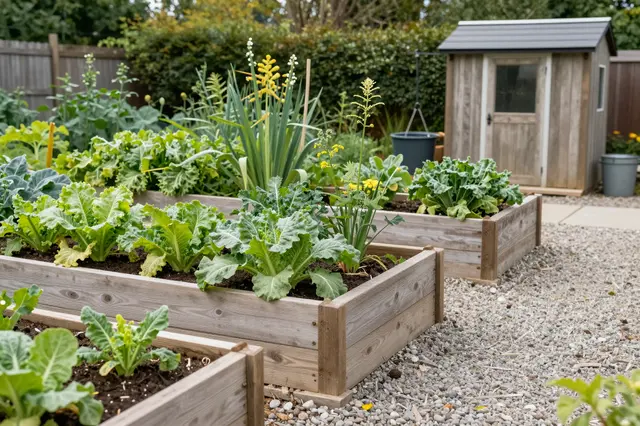 Wooden raised vegetable beds sit along a gravel path next to a small timber potting shed in a fenced backyard
