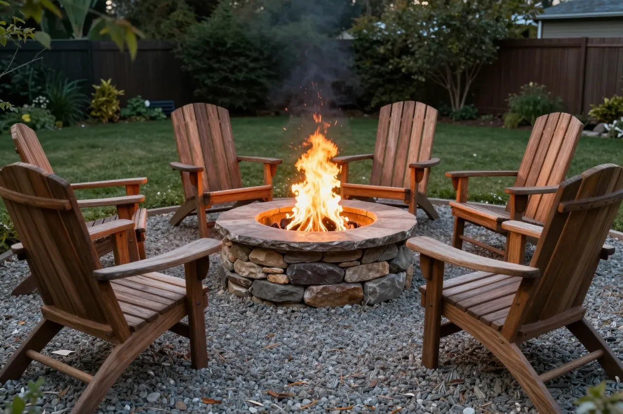 Lit stone fire pit surrounded by wooden adirondack chairs on pea gravel in a twilight backyard