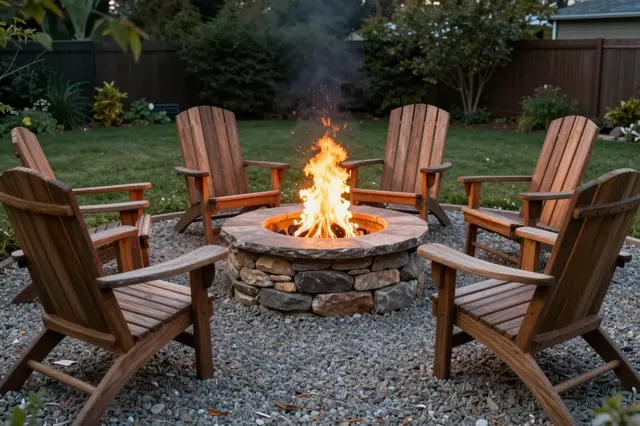 Lit stone fire pit surrounded by wooden adirondack chairs on pea gravel in a twilight backyard