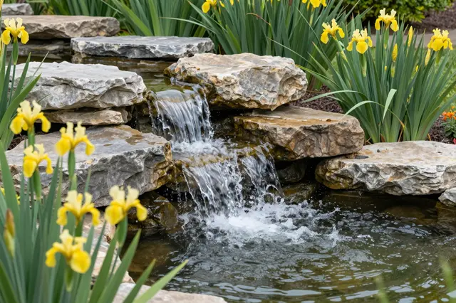 A stacked stone stepped waterfall spills into a small backyard pond edged with bright yellow irises and tall green foliage.