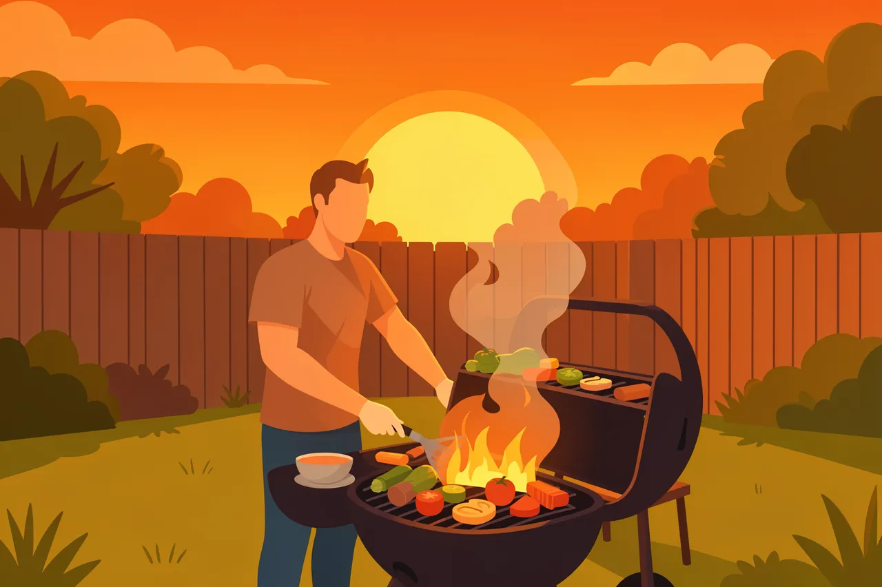 Faceless man grilling food on a barbecue in a backyard at orange sunset