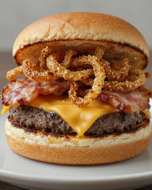 A close-up of a stacked bacon cheeseburger with crispy fried onions resting on a light plate.