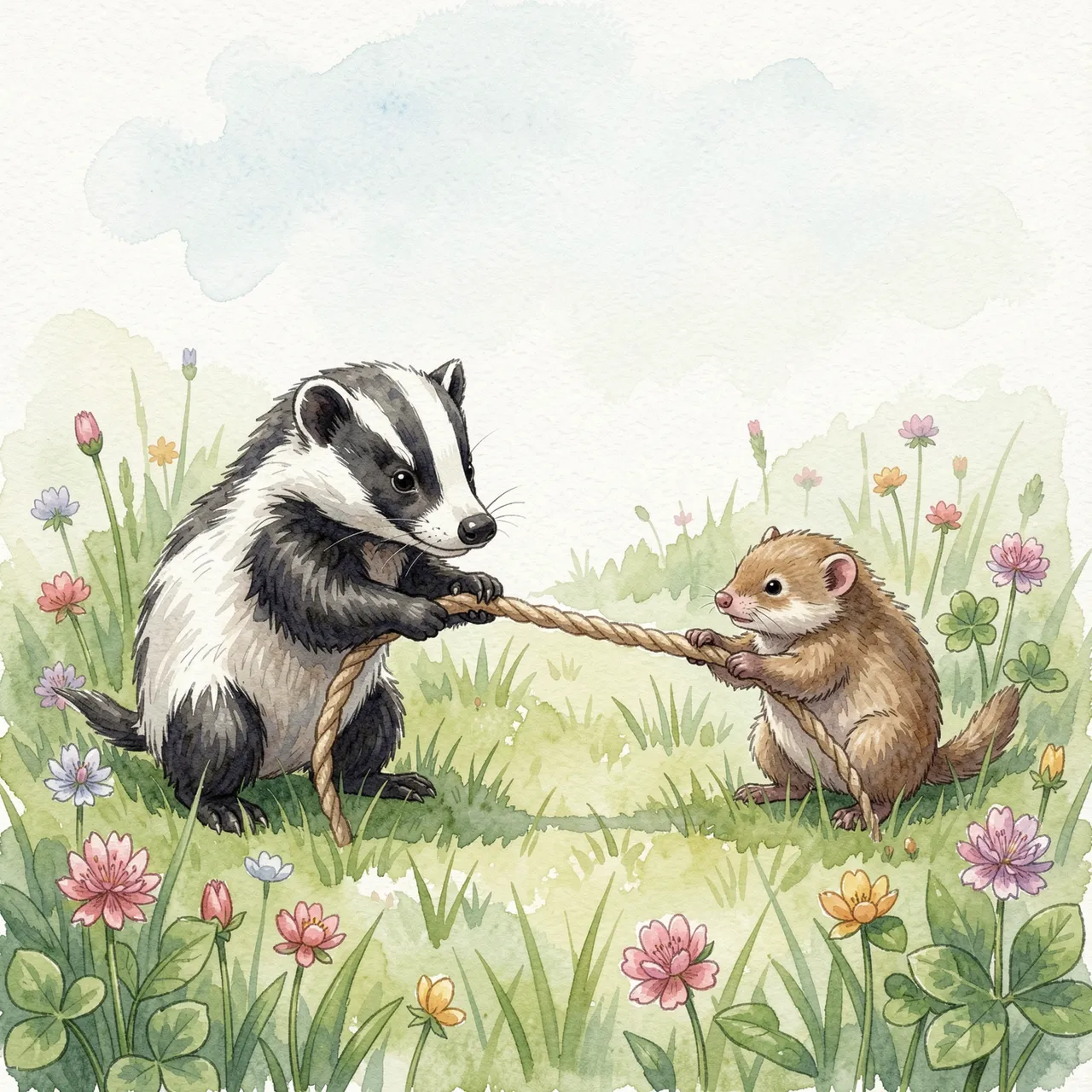 A watercolor illustration of a badger and small mammal pulling a rope in a clover wildflower meadow