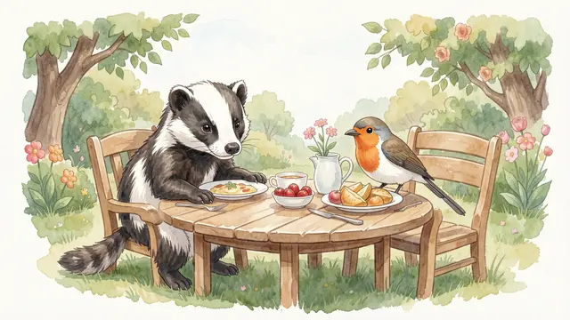 A watercolor illustration of a badger and a robin sharing breakfast at a small wooden garden table