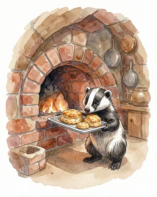 A cute anthropomorphic badger holds a tray of fresh golden scones next to a lit brick oven in a cozy burrow kitchen