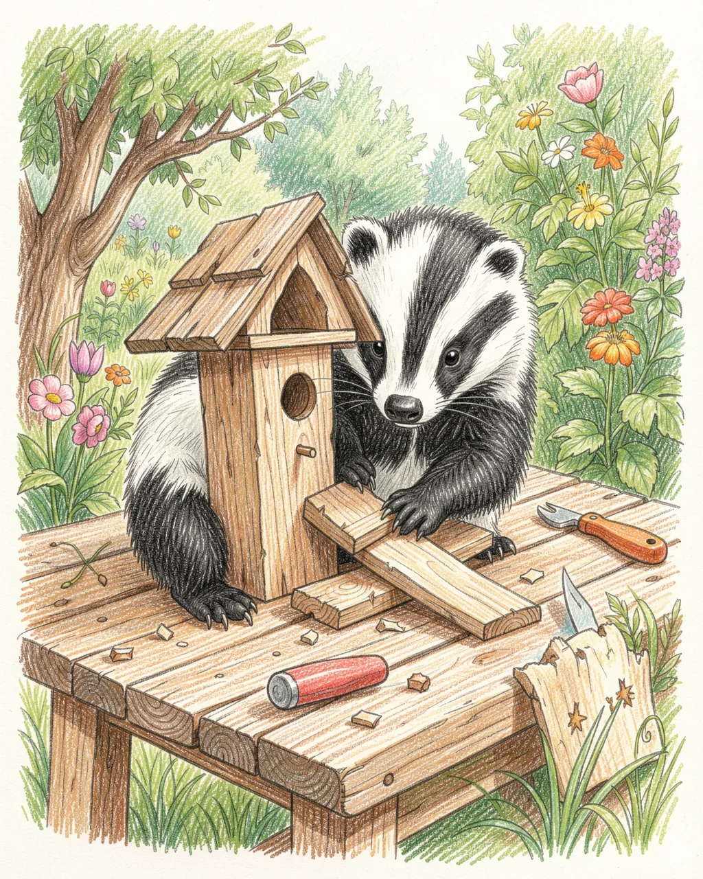 Colored pencil drawing of a cute badger assembling a wooden birdhouse at a garden workbench