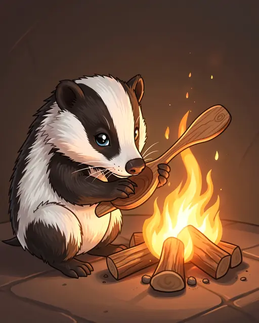 A cute illustrated badger holds a wooden spoon while sitting beside a warm crackling indoor fire