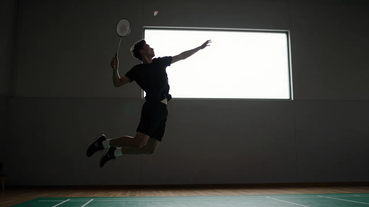 Silhouetted adult badminton player mid-jump to hit a shuttlecock in a dim indoor hall with a bright rear window