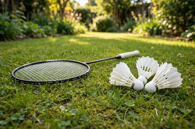 A badminton racket and three white feather shuttlecocks lie on sunlit garden grass at a low angle.