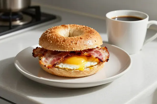 A bacon and egg bagel sandwich sits on a white plate next to a cup of coffee on a sunlit kitchen counter.