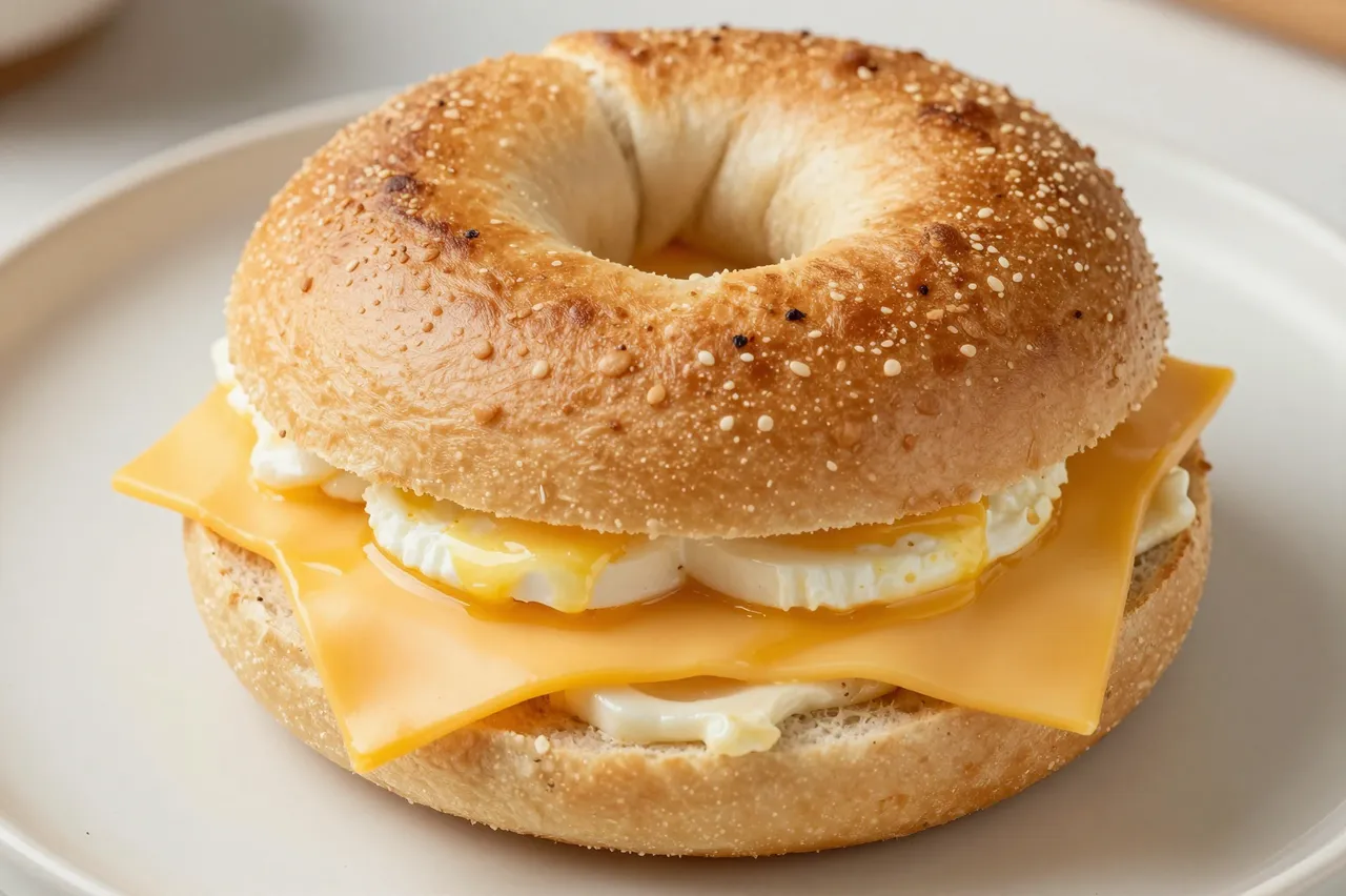 Toasted seeded bagel breakfast sandwich with egg and melted cheese sits on a light ceramic plate