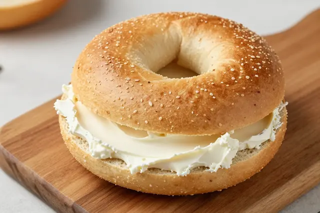 A sesame seed bagel slathered with cream cheese sits on a wooden serving board.