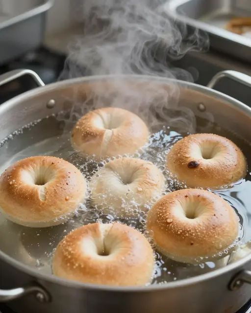 Fresh bagels simmer in boiling steaming water inside a stainless steel pot on a stove
