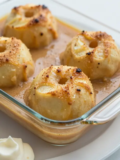 Close-up of golden baked apples in spiced buttery sauce in a glass baking dish, with a dollop of cream at the side.
