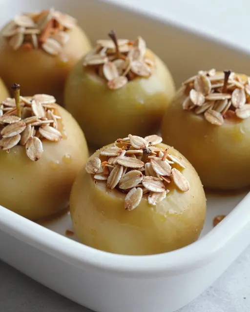 Stuffed baked apples topped with oats sit arranged in a white ceramic baking dish