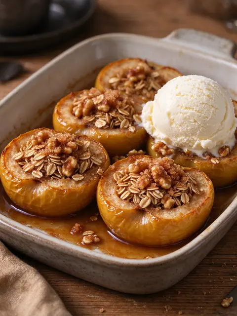 Stuffed baked apples with oats, walnuts and cinnamon syrup sit beside a scoop of vanilla ice cream in a ceramic baking dish