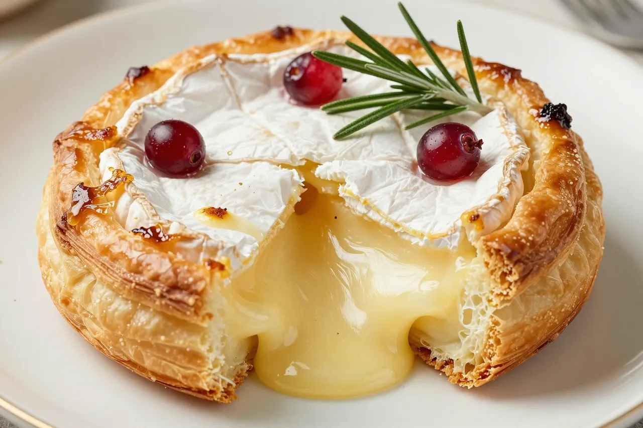 A cut open baked brie in puff pastry oozing melted cheese, topped with cranberries and rosemary on a plate