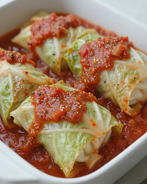 Stuffed cabbage rolls topped with tomato sauce sit in a white ceramic baking dish.