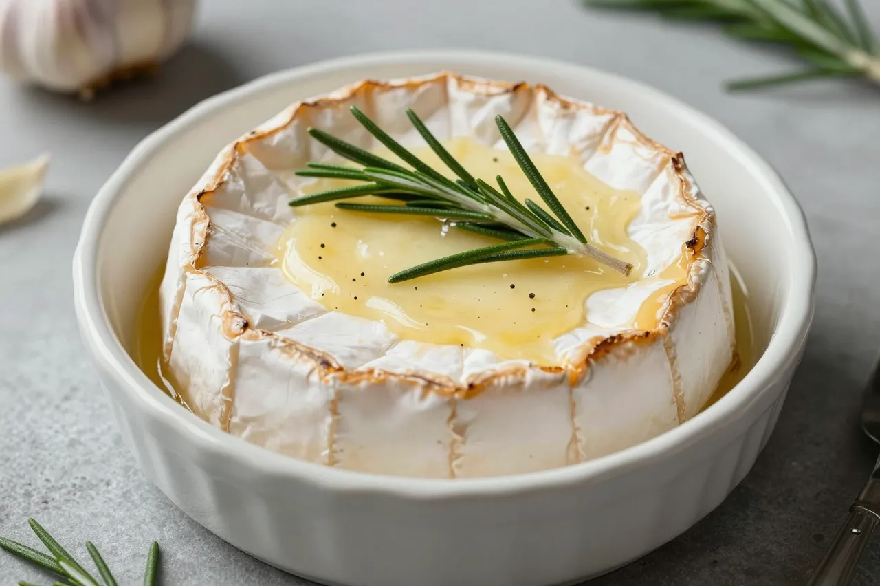 Baked camembert cheese in a small white dish topped with fresh rosemary, garlic and peppercorns on a gray countertop.