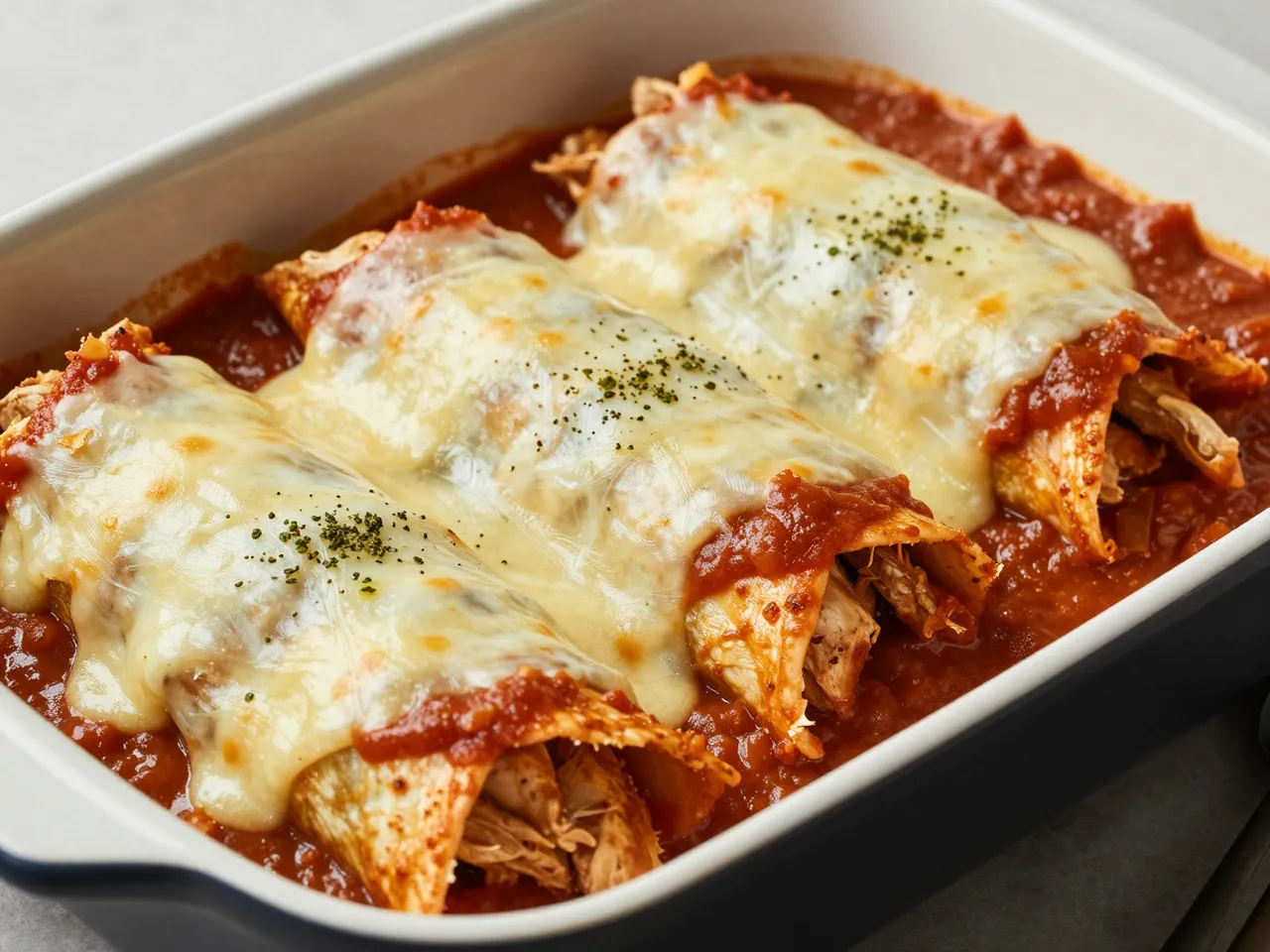 Three chicken enchiladas with melted cheese and red sauce sit in a ceramic baking dish