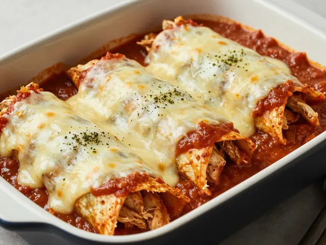 Three chicken enchiladas with melted cheese and red sauce sit in a ceramic baking dish