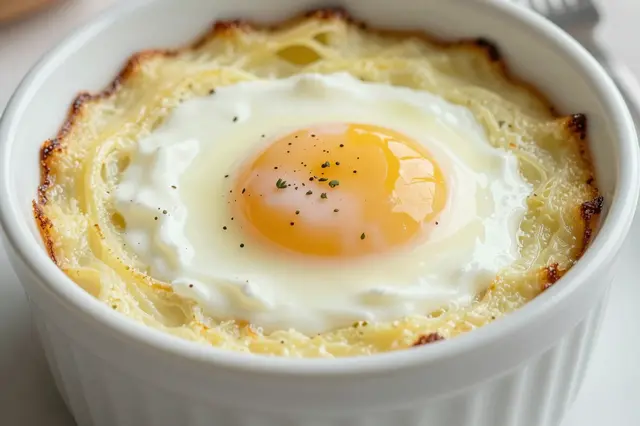 Close up of a creamy herb seasoned baked egg served in a white ceramic ramekin