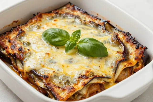 Freshly baked eggplant parmesan topped with basil in a white ceramic baking dish