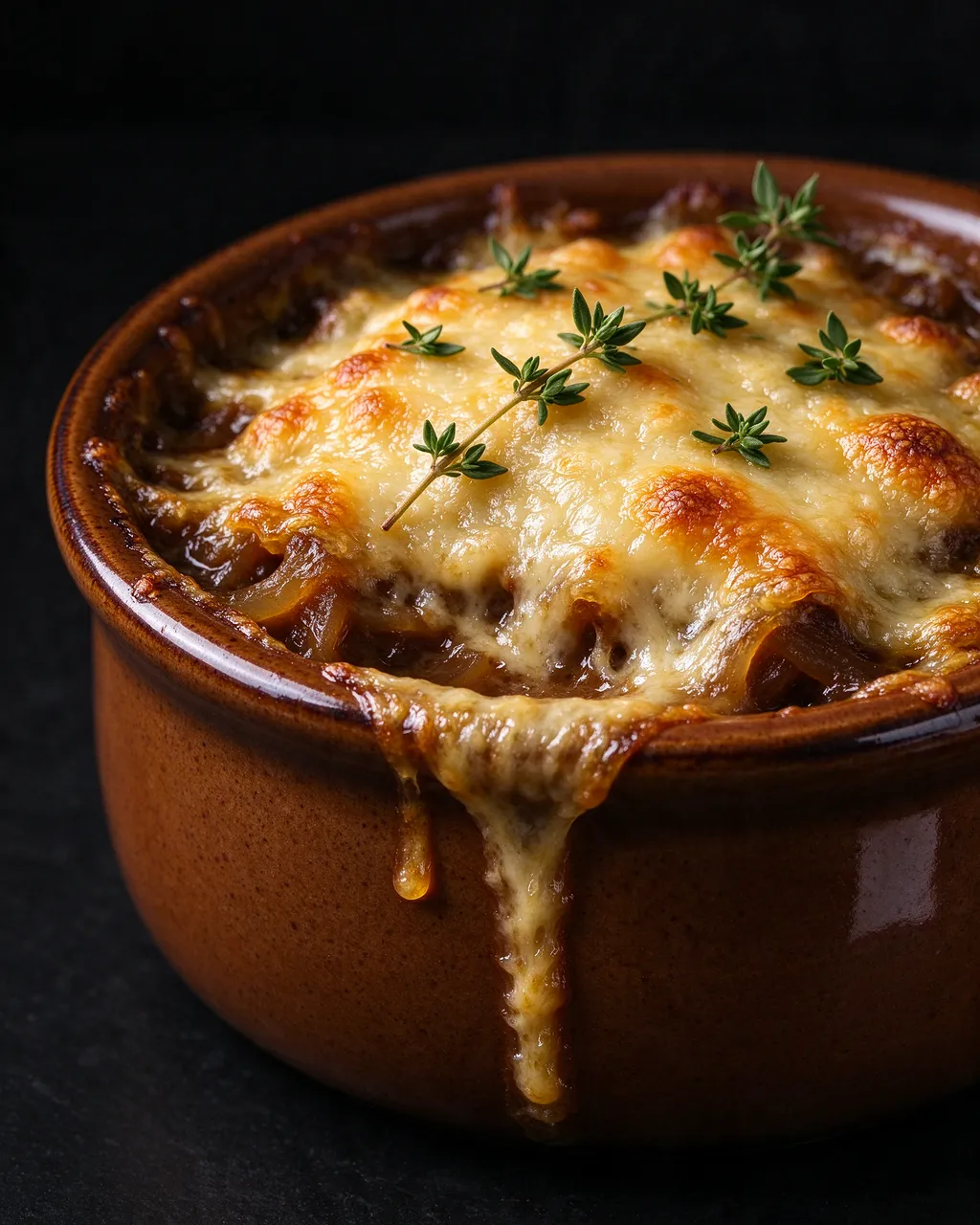 Close-up of French onion soup in a brown ceramic crock topped with bubbly melted cheese and fresh thyme