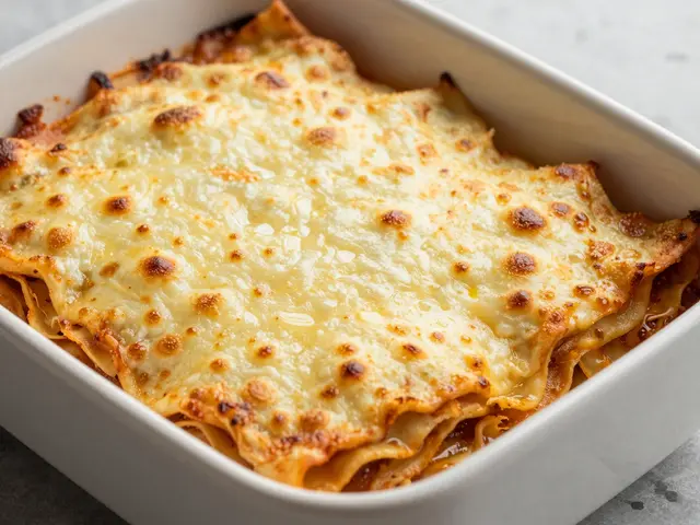 Freshly baked lasagna with a bubbling golden browned cheese crust sits in a white ceramic baking dish