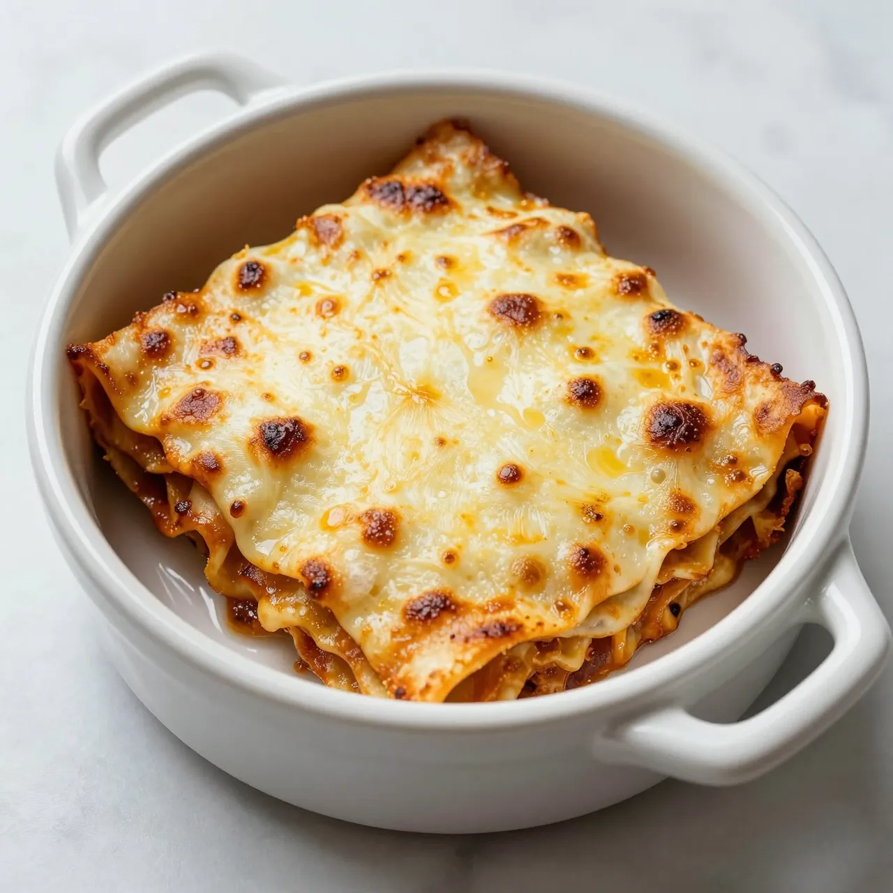 Top view of individual baked lasagna with bubbling browned cheese in a white ceramic ramekin