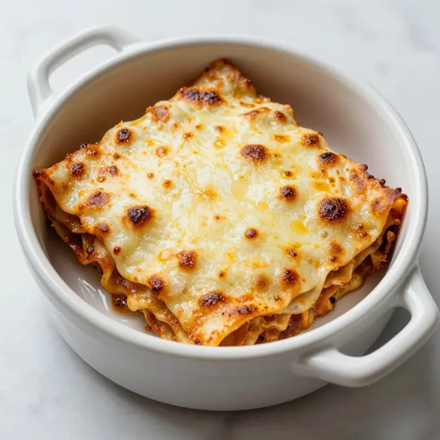 Top view of individual baked lasagna with bubbling browned cheese in a white ceramic ramekin