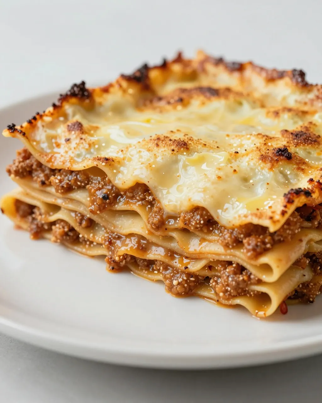 A tall baked lasagna slice with layered pasta, ragu, and browned bechamel sits on a white ceramic plate.