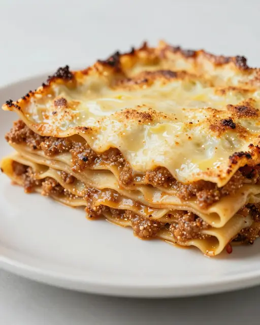 A tall baked lasagna slice with layered pasta, ragu, and browned bechamel sits on a white ceramic plate.