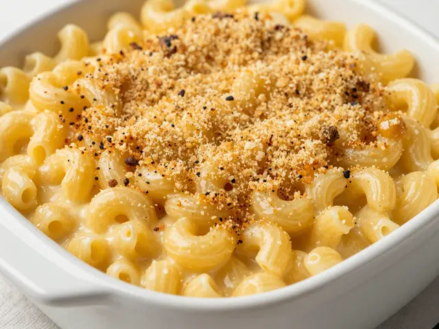 Creamy baked mac and cheese with a golden breadcrumb topping in a white ceramic baking dish