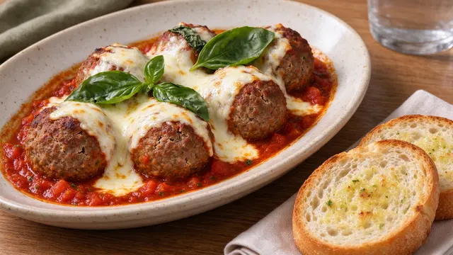 Baked meatballs topped with melted mozzarella and basil sit in marinara beside garlic bread on a wooden table
