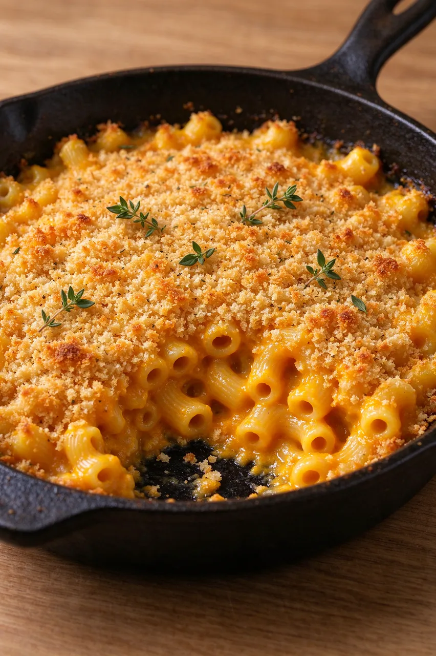 Baked butternut squash mac and cheese with panko crust and thyme in a cast iron skillet