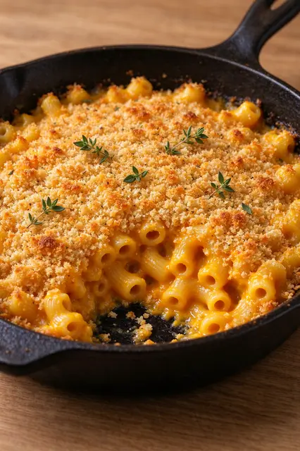 Baked butternut squash mac and cheese with panko crust and thyme in a cast iron skillet
