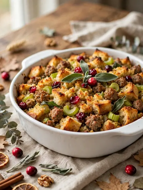 Golden baked sourdough stuffing with cranberries and sage sits in a white casserole dish on a fall table