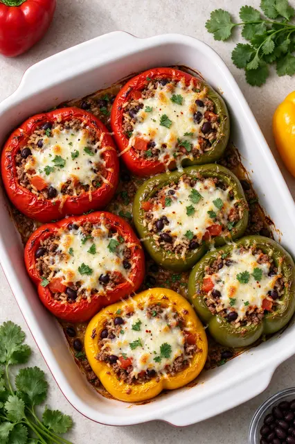 Overhead view of cheesy stuffed bell peppers in a white ceramic baking dish with fresh cilantro