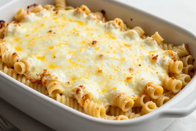 Freshly baked ziti with bubbling melted mozzarella sits in a white ceramic baking dish.
