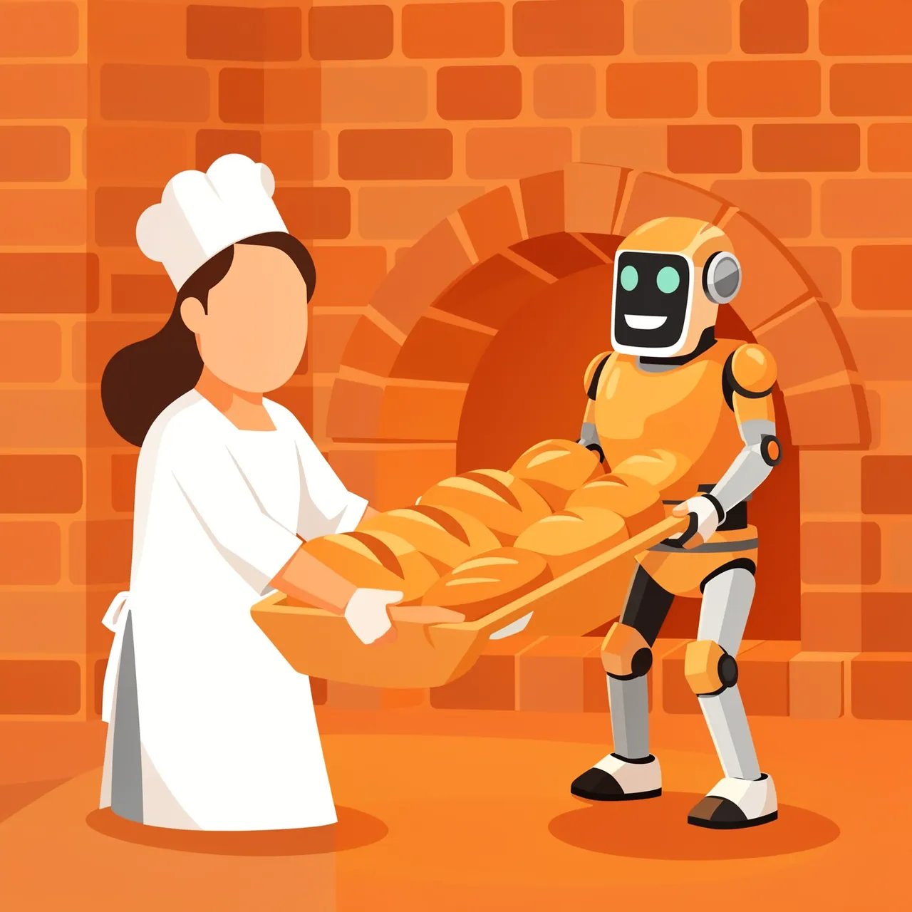 A faceless baker and a friendly robot hold a peel of fresh bread in front of a brick oven