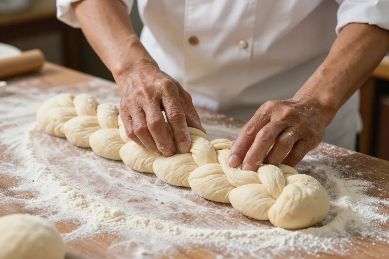 An older baker's hands shape braided bread dough on a floured wooden work surface in warm light