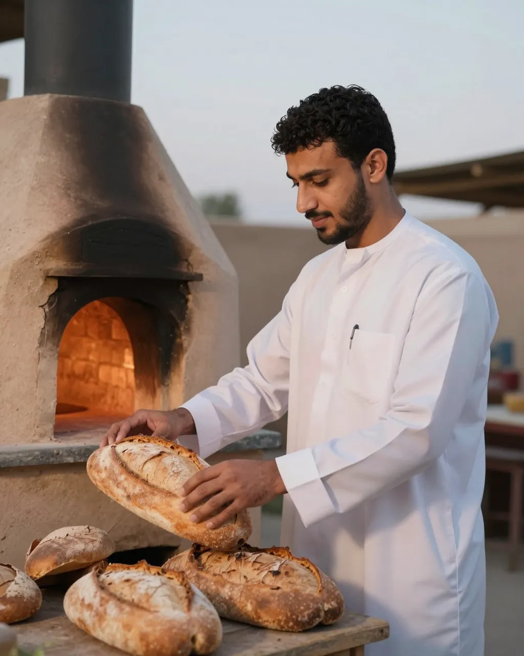 A Middle Eastern baker examines fresh sourdough loaves next to a clay cob oven at dusk.