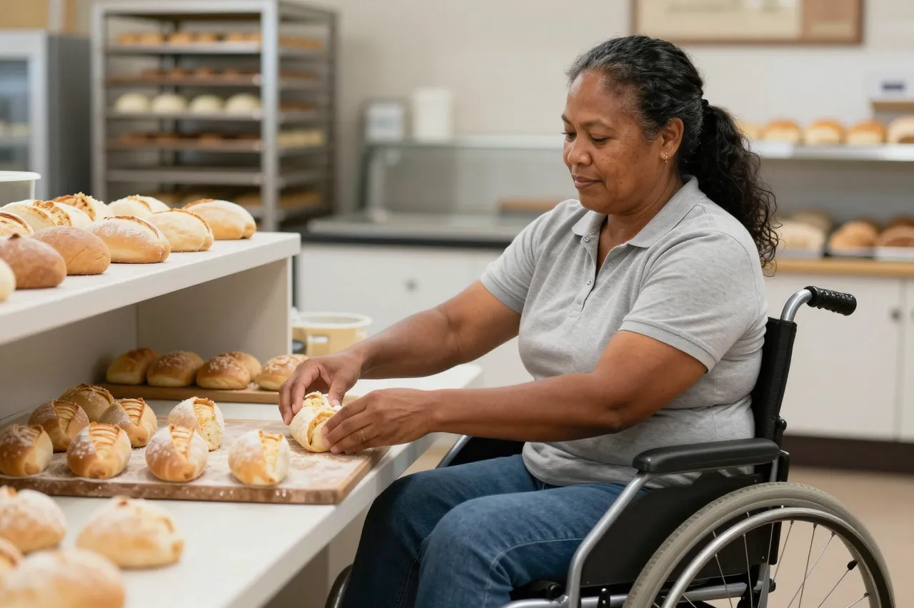 A Pacific Islander woman in a wheelchair shapes bread rolls at a lowered bakery work counter.