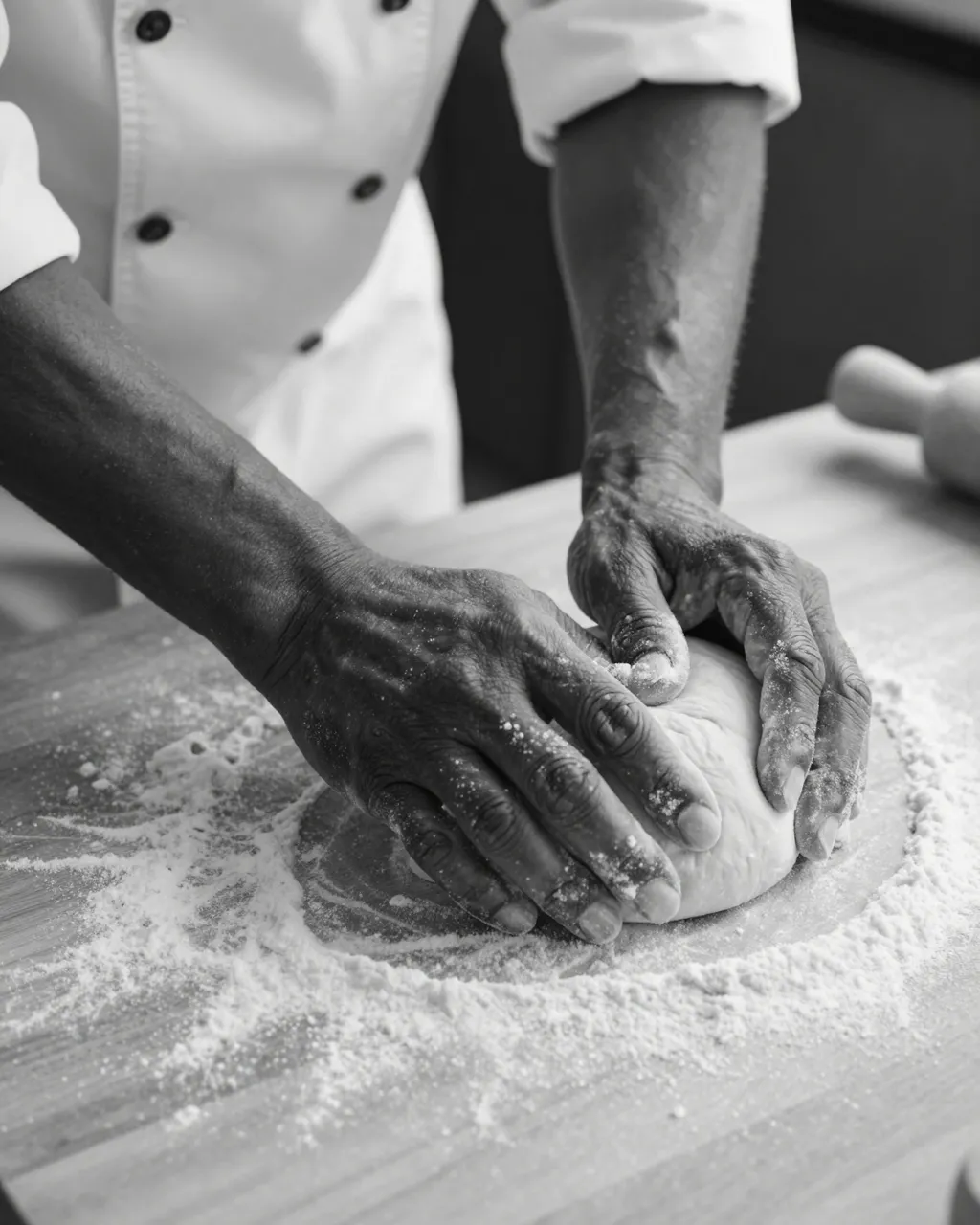Close-up of a Black baker's hands kneading dough on a floured wooden table in black and white