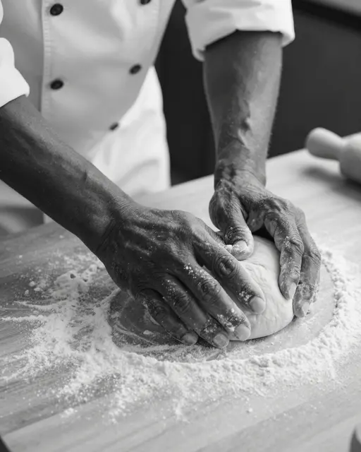 Close-up of a Black baker's hands kneading dough on a floured wooden table in black and white