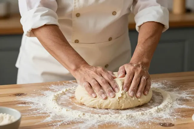 A baker presses and kneads fresh dough on a floured wooden work table.