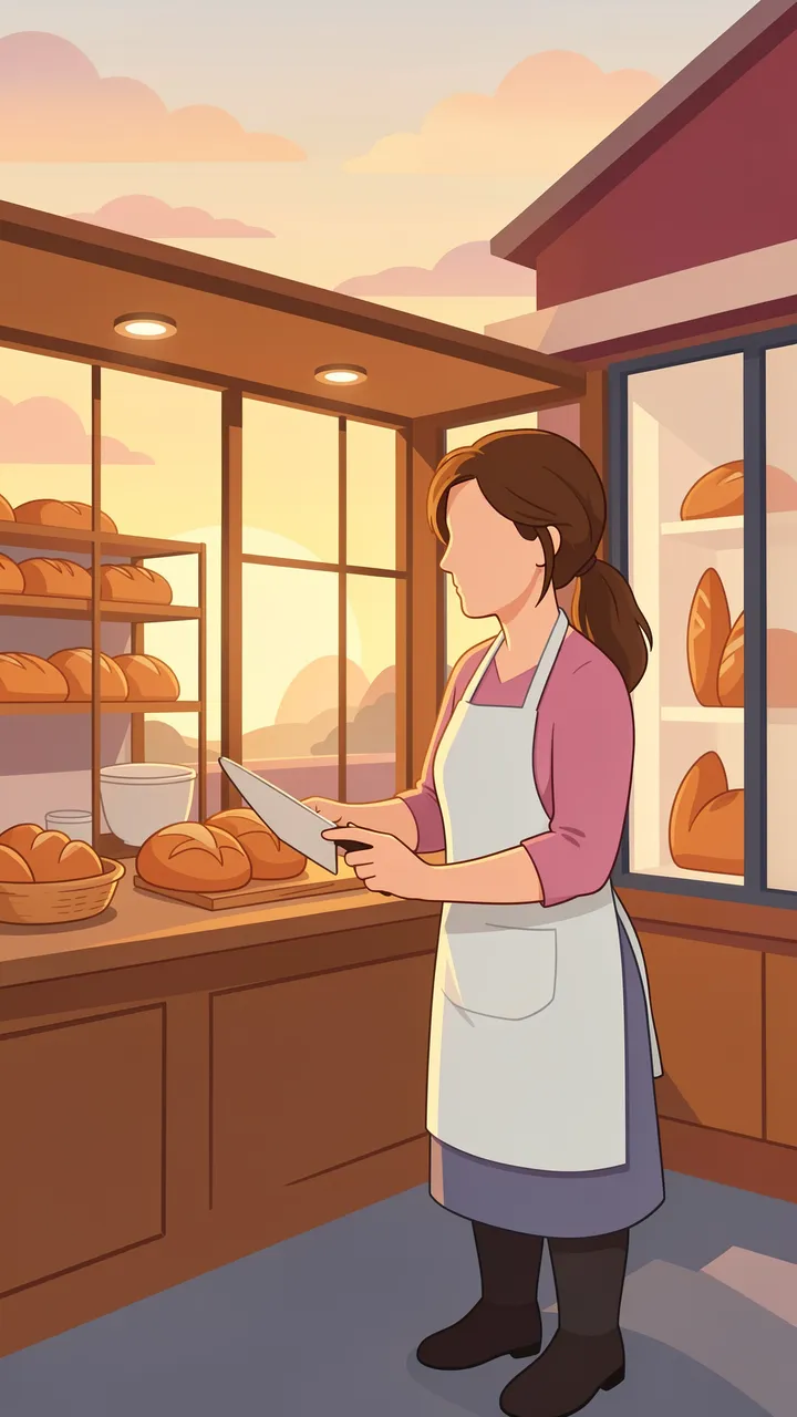 Faceless female baker holds a knife beside fresh loaves of bread at her bakery counter during warm sunrise