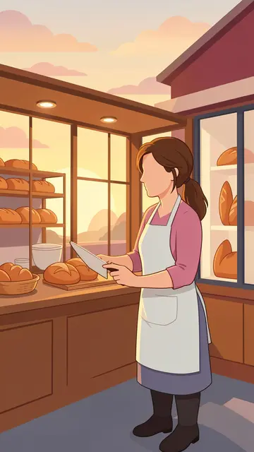 Faceless female baker holds a knife beside fresh loaves of bread at her bakery counter during warm sunrise