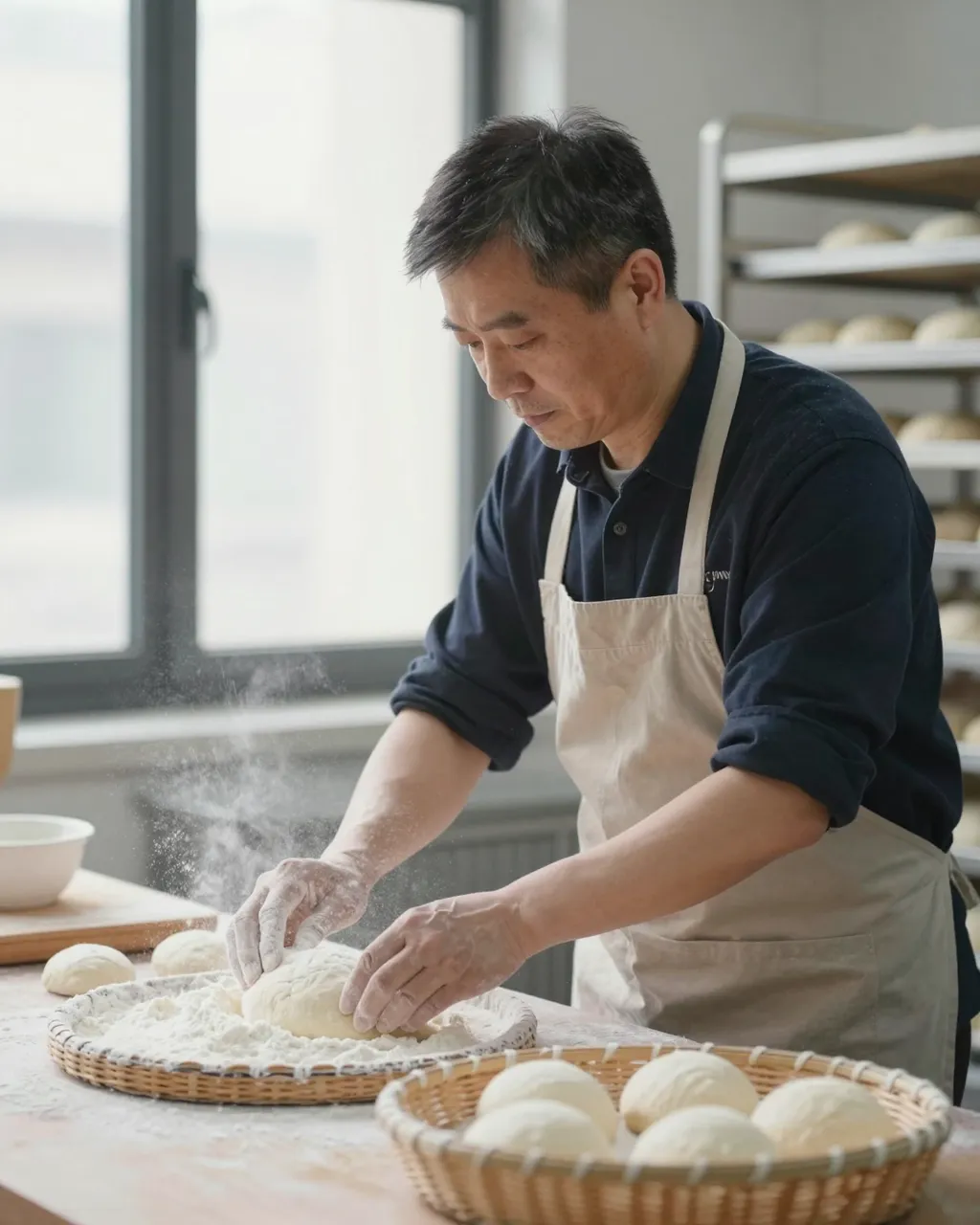East Asian baker in his forties dusts flour over proofing dough in wicker baskets by soft window light